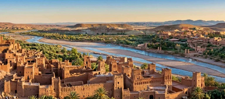 The earthen kasbah of Ait Ben Haddou above a wide riverbed