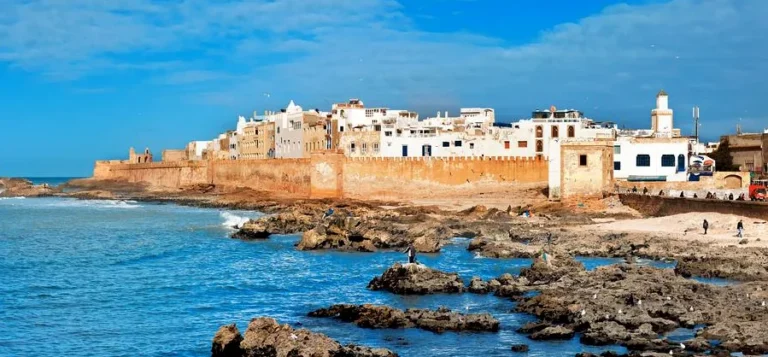 White houses and sea walls of the Essaouira medina above the rocky Atlantic shore