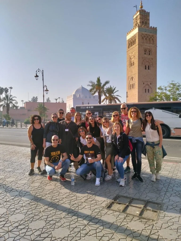 Group photo on the square in front of the Koutoubia minaret