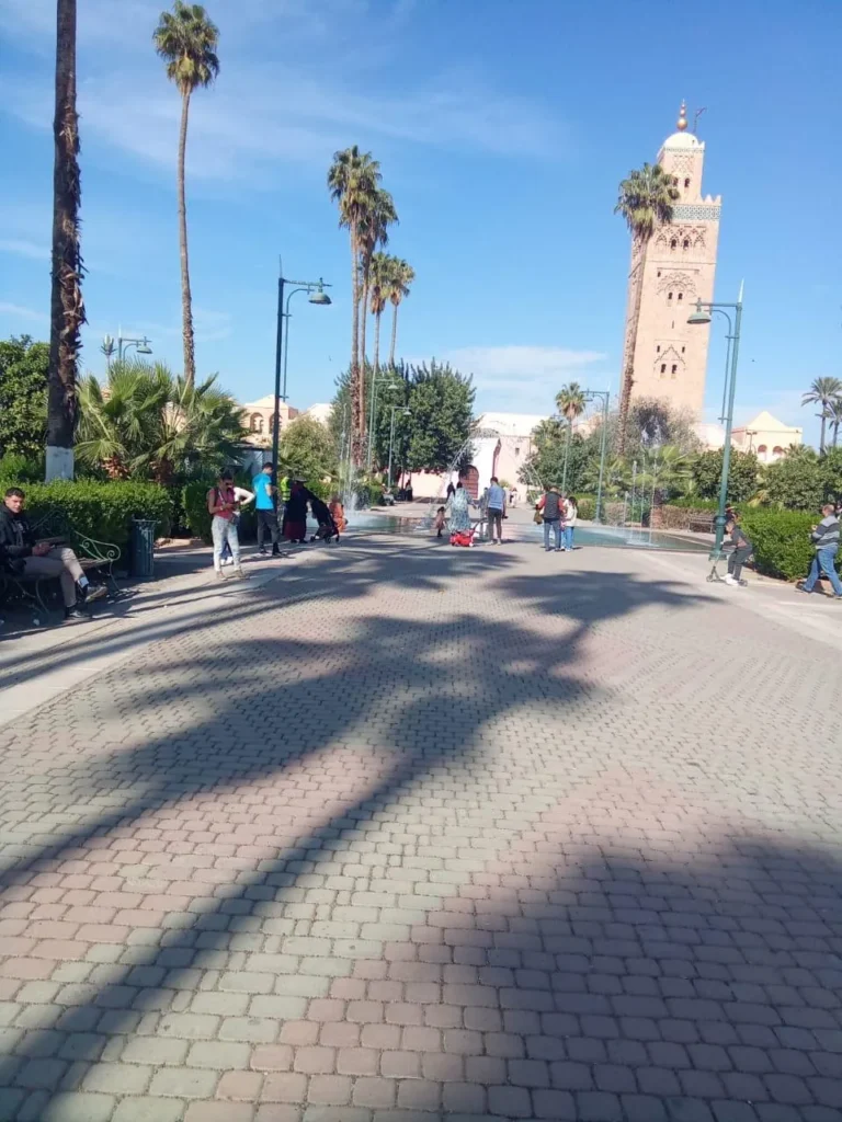 The Koutoubia minaret at the end of a palm-lined avenue
