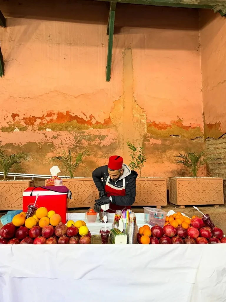 Fresh orange and pomegranate juice stall in the Marrakech medina