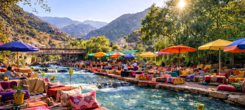 Riverside cafe terraces with colourful cushions and parasols in the Ourika valley