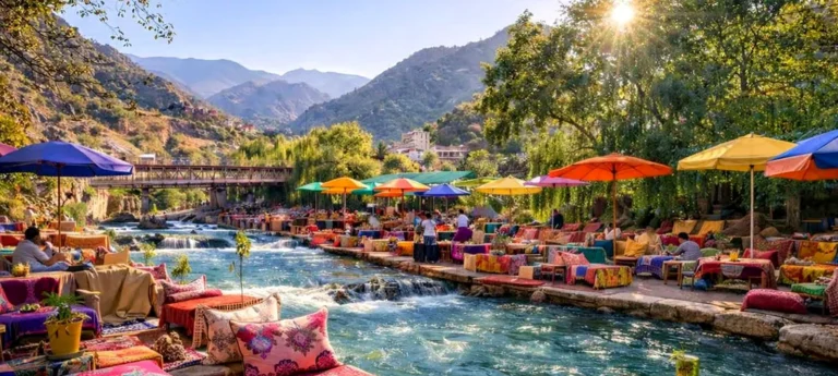 Riverside cafe terraces with colourful cushions and parasols in the Ourika valley