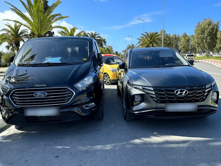 Black minivan and SUV parked side by side on a sunny street