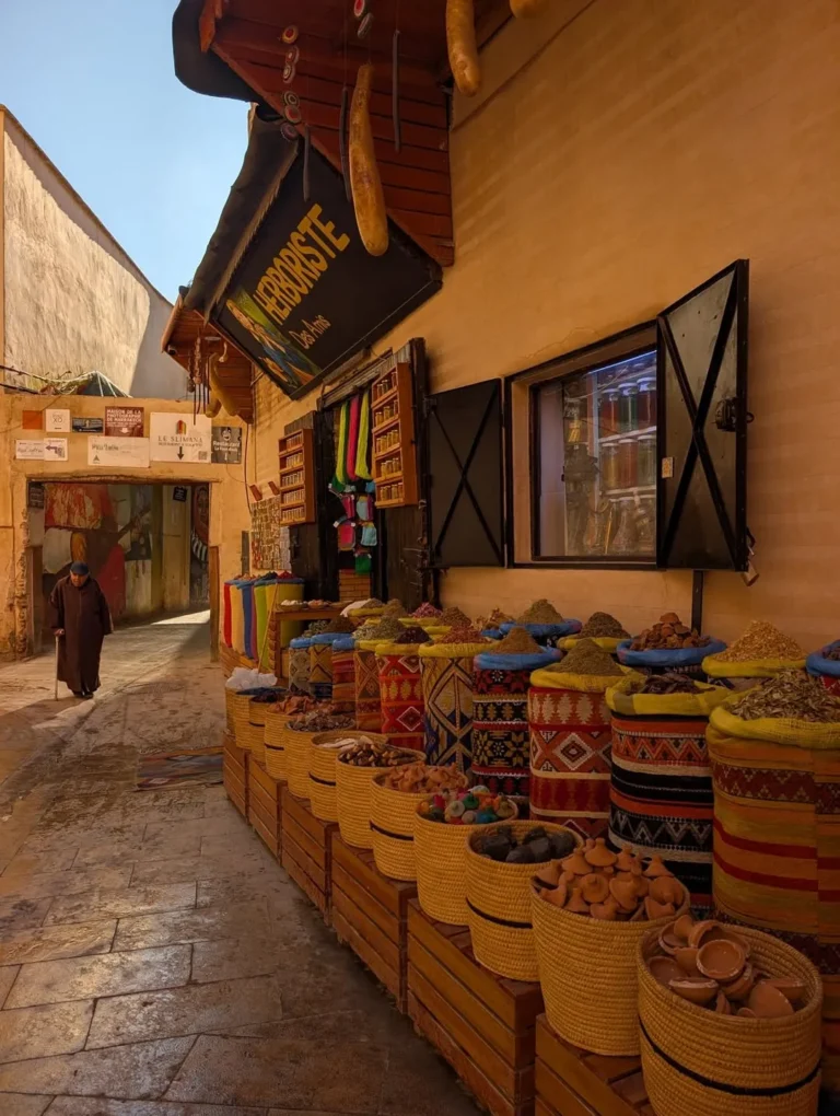 Baskets of spices and dried goods at a stall in the Marrakech souk